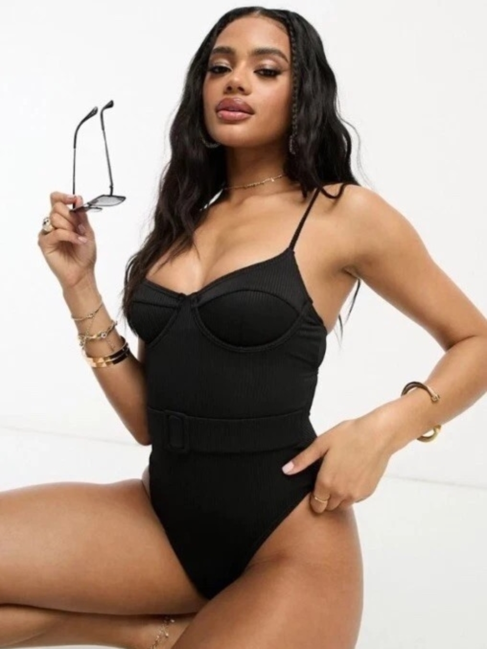 NWT South Beach Ribbed Underwire Swimsuit One-Piece High-Cut Black Women 8